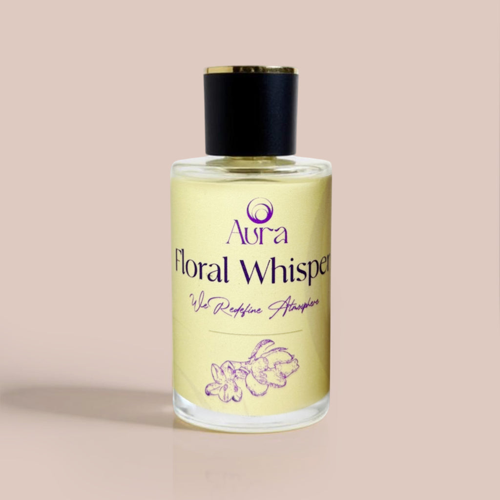 Bottle of 'Floral Whisper' by Aura on a beige background