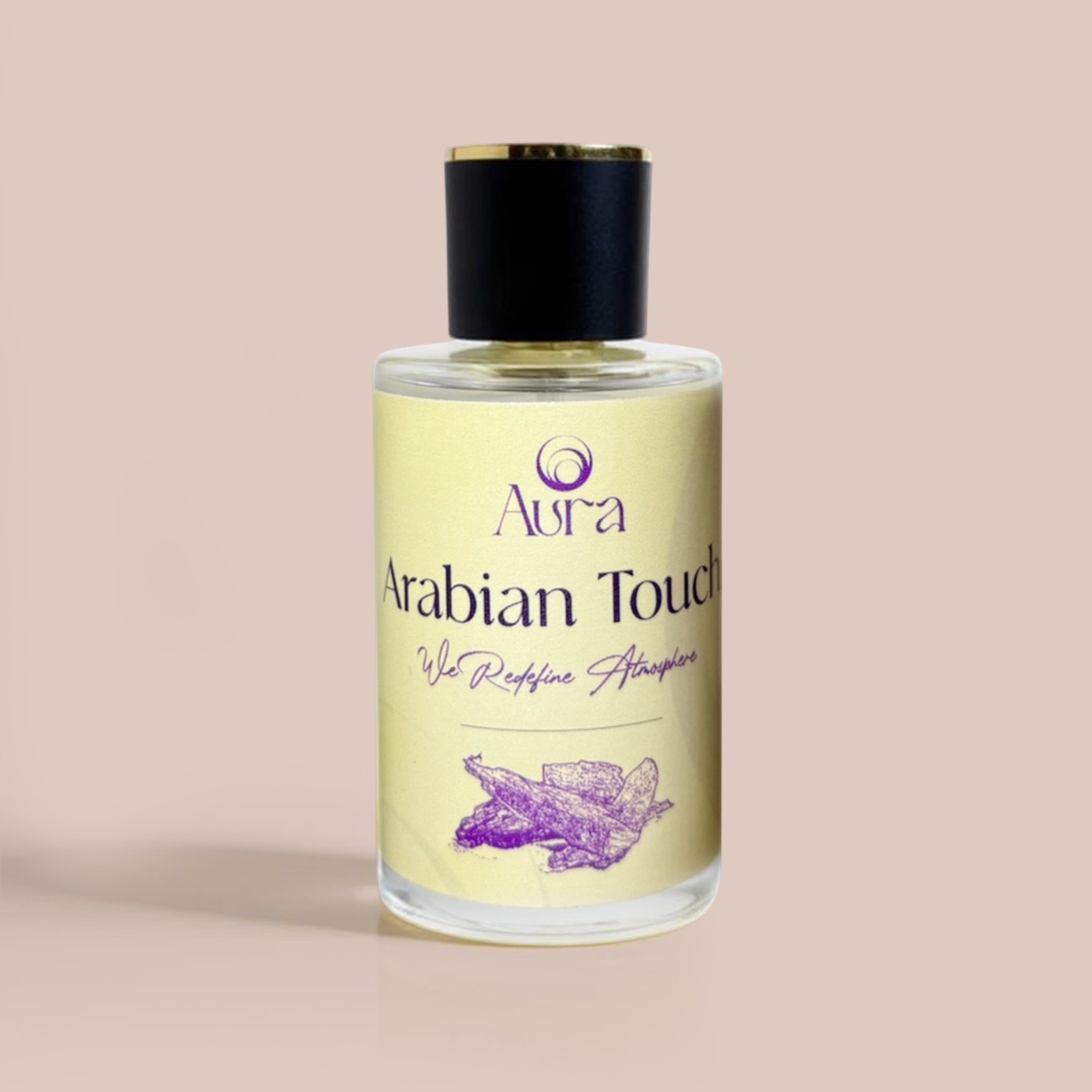 Bottle of 'Arabian Touch' with a black cap on a beige background
