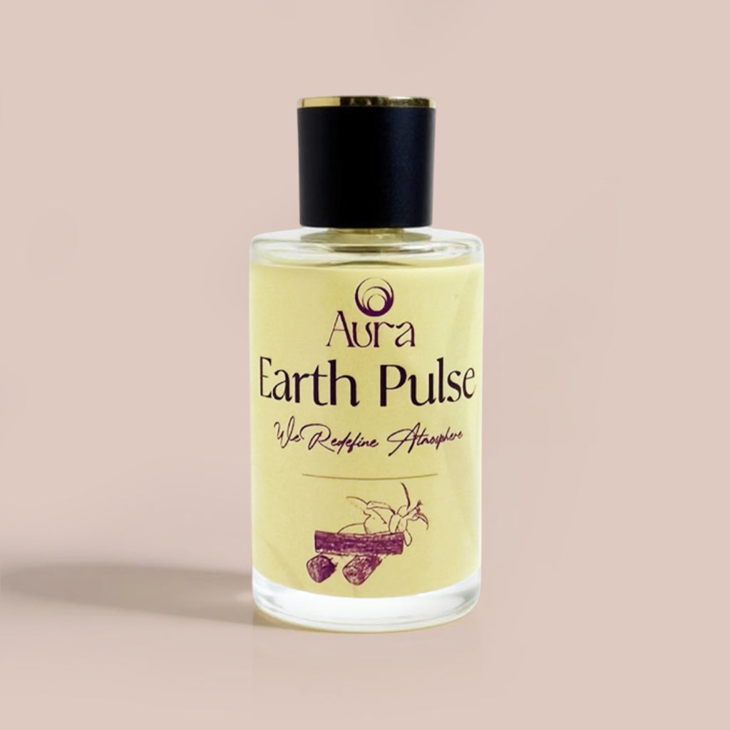 Bottle of Aura Earth Pulse on a beige background