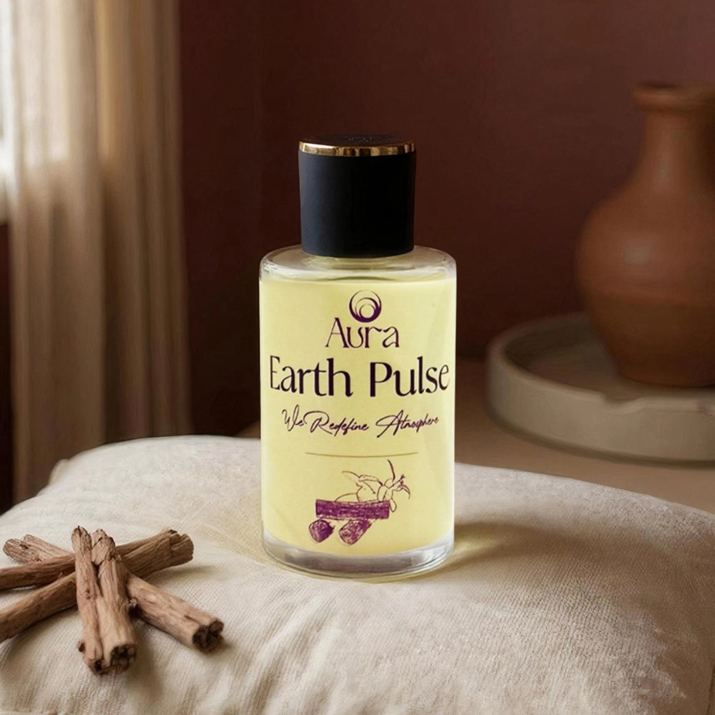 Bottle of Aura Earth Pulse on a textured surface with cinnamon sticks and a vase in the background.