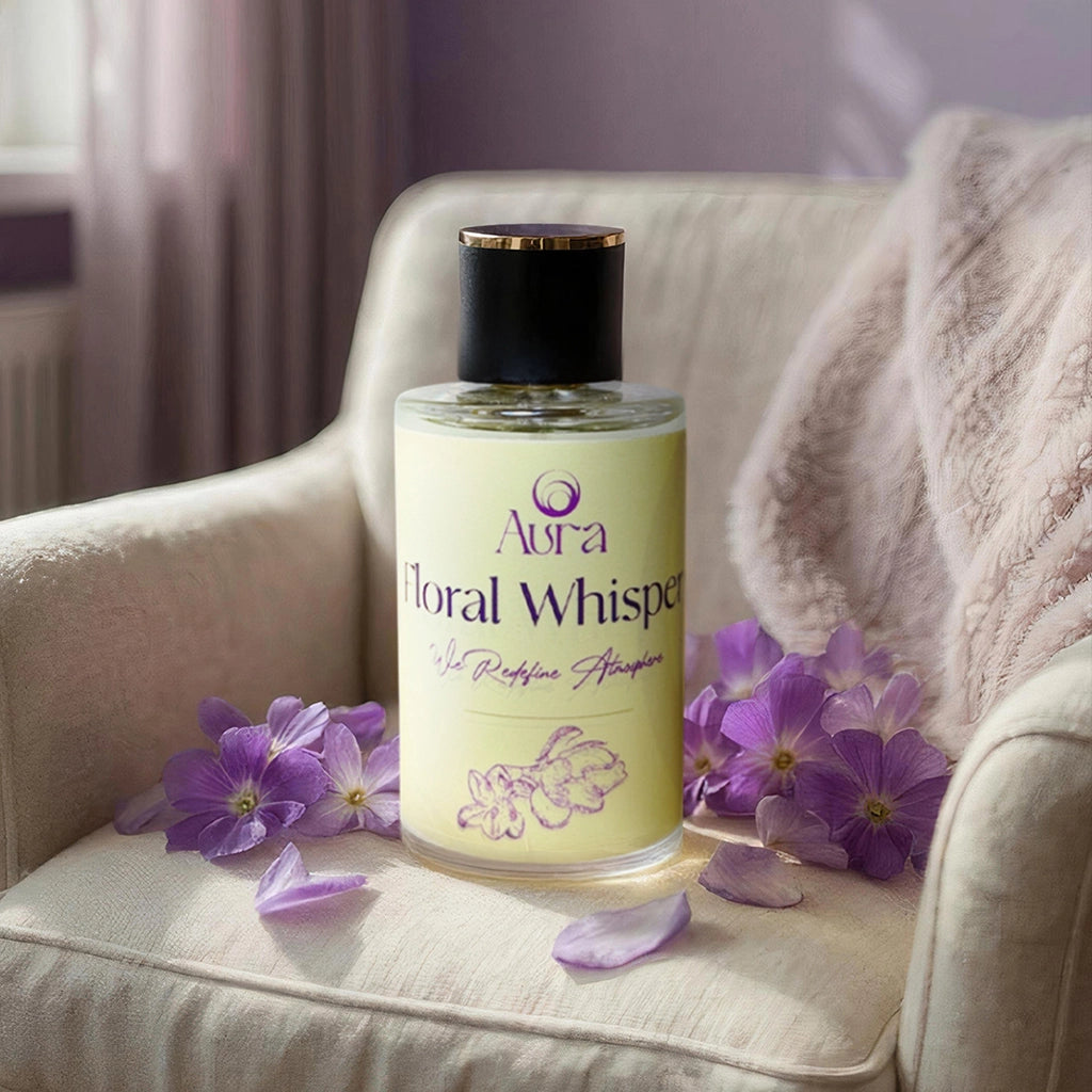 Aura Floral Whisper perfume bottle on a couch with purple flowers