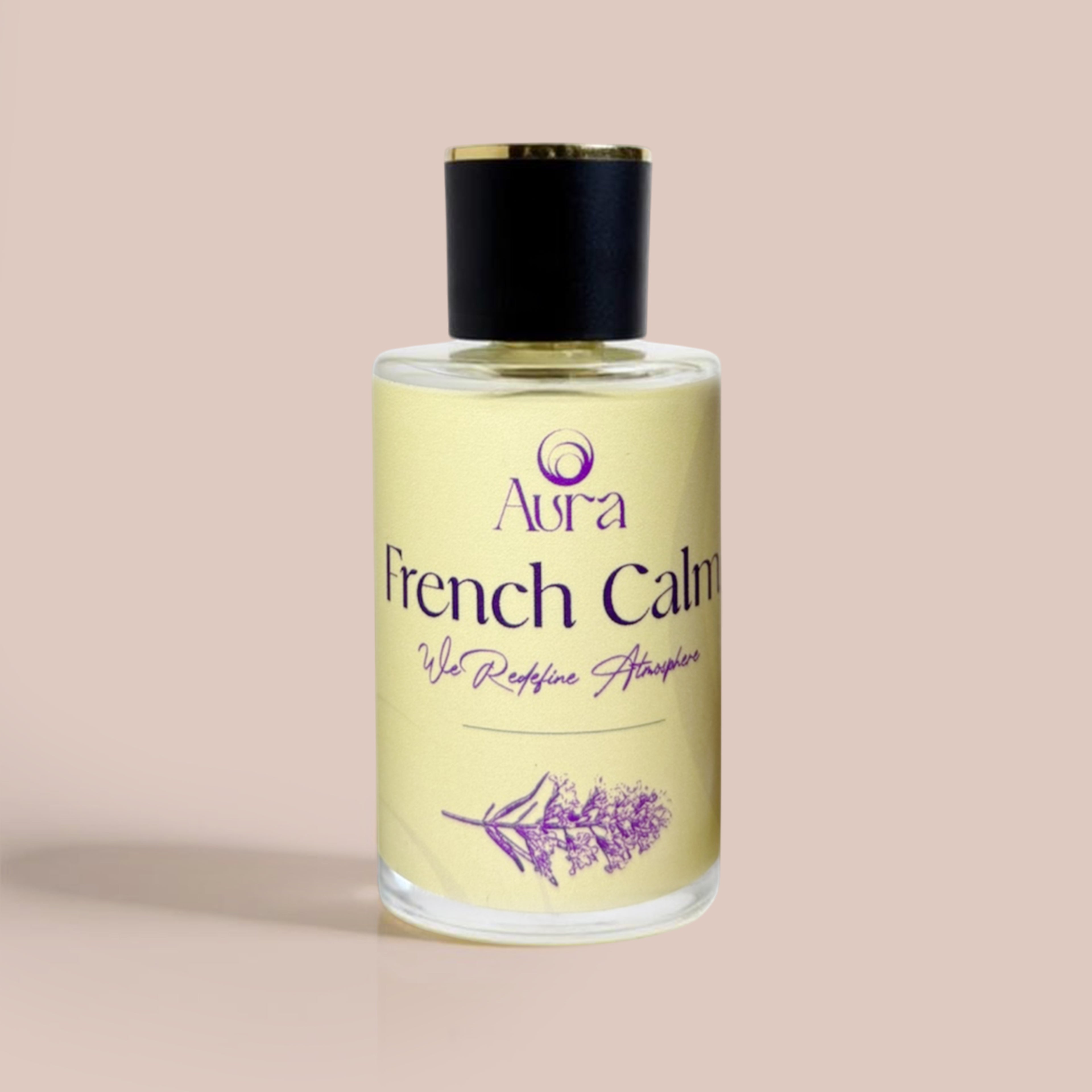 Bottle of Aura French Calm on a beige background