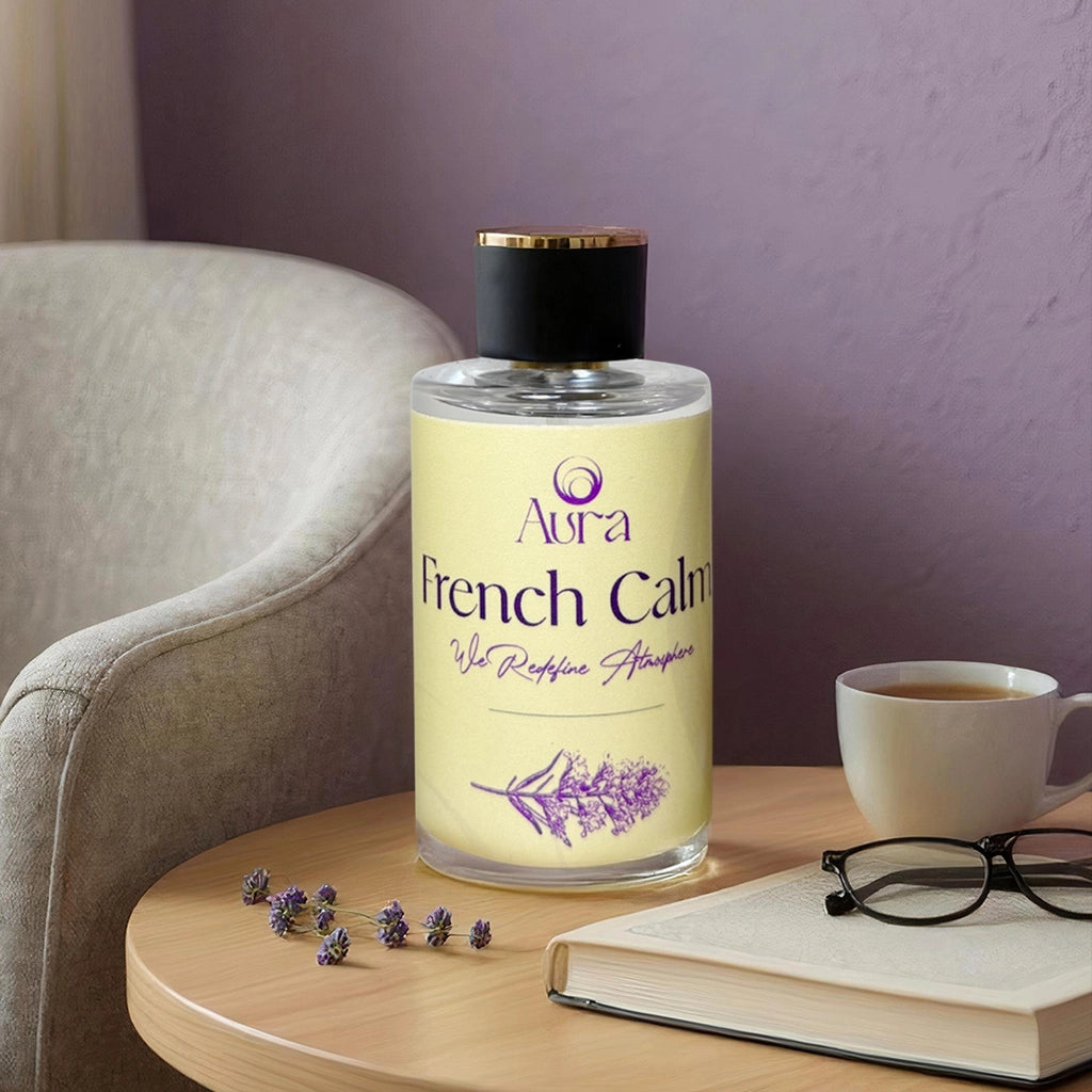 Bottle of 'Aura French Calm' on a table with a cup of tea and glasses