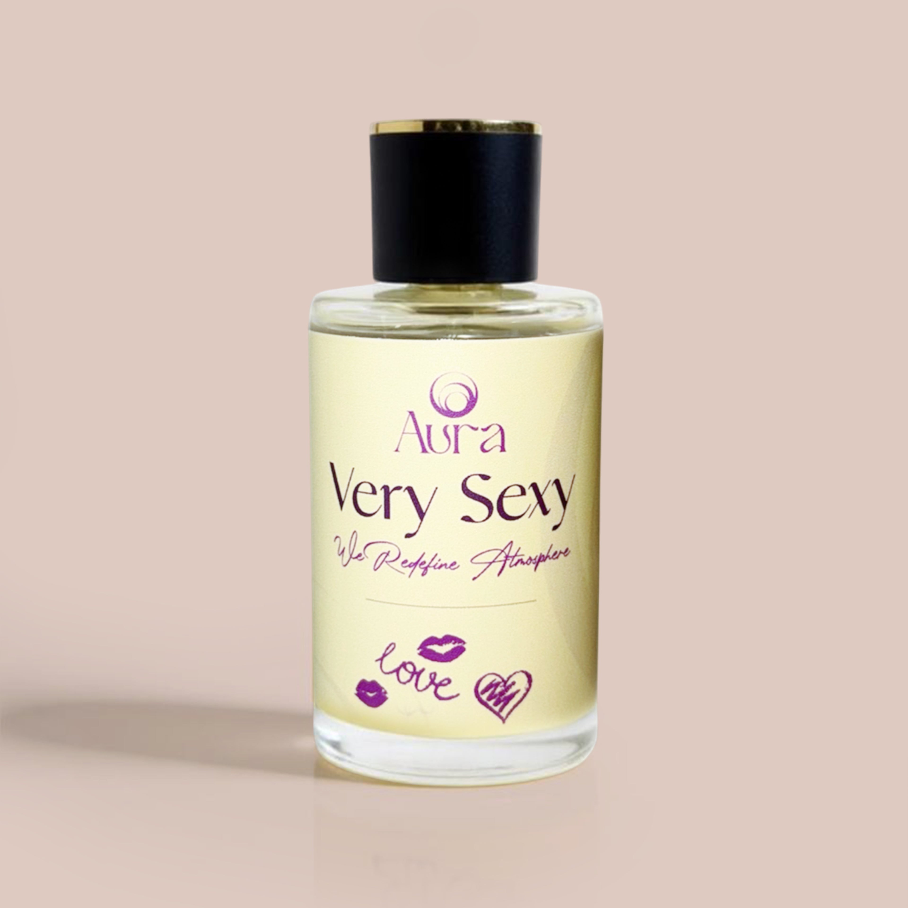 Perfume bottle labeled 'Very Sexy' by Aura on a beige background