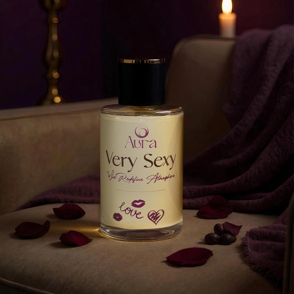 Bottle of 'Very Sexy' ambiance spray on a surface with decorative elements